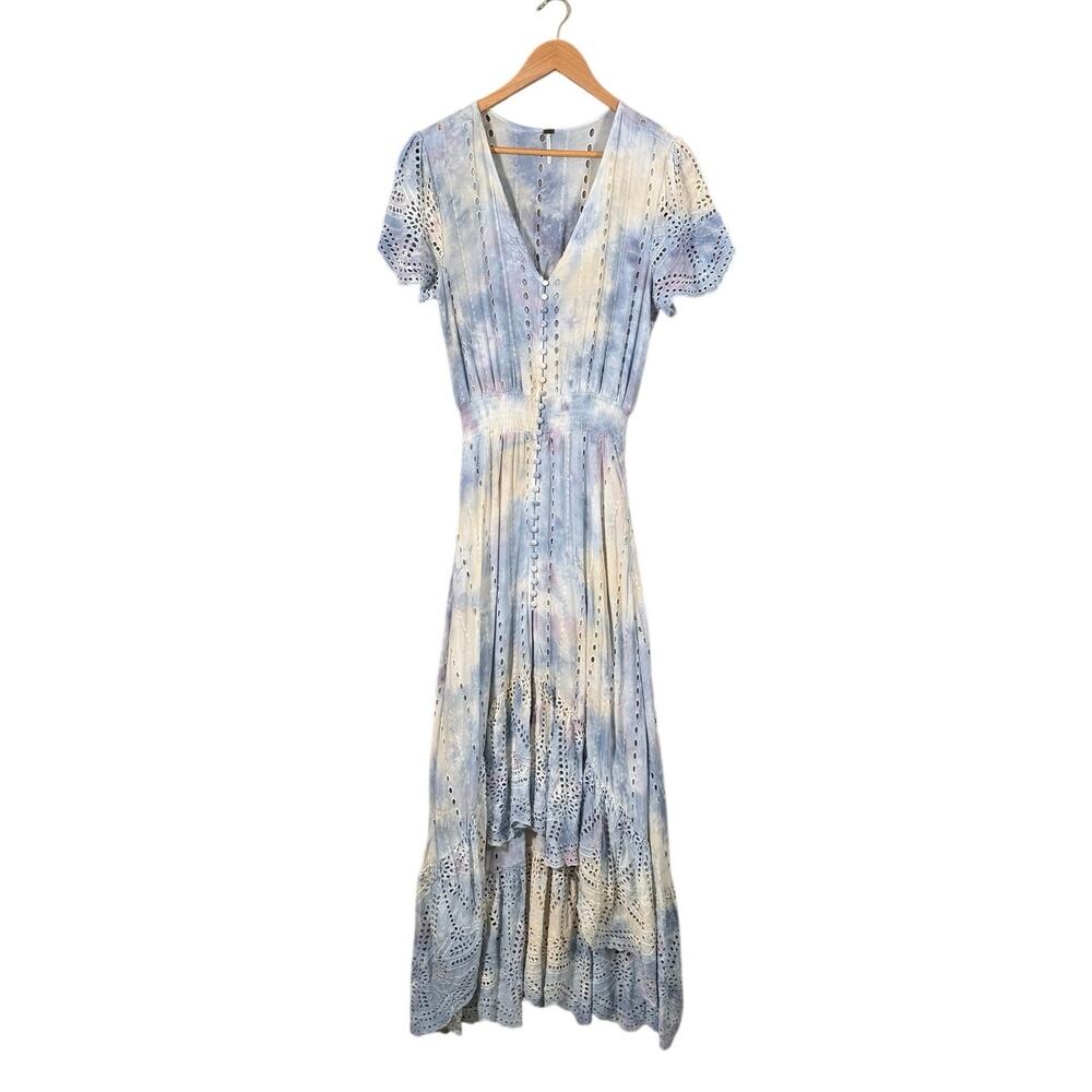 Young Fabulous & Broke Costa Blue Tie Dye Eyelet Maxi Dress Small Feminine Boho - Picture 9 of 10